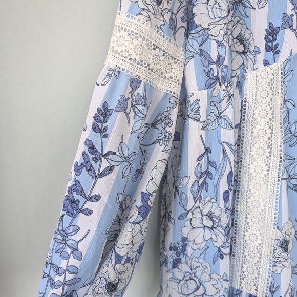 NWT New York & Company Blue & White Floral Print Babydoll Long Sleeve Dress - Picture 8 of 14